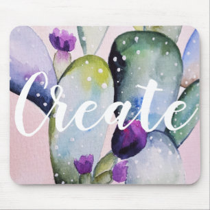 Create Watercolor Cactus & Purple Blossoms Mouse Mat