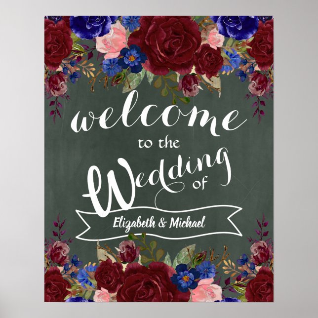 Create Wedding Welcome Sign Burgundy Blue Floral (Front)