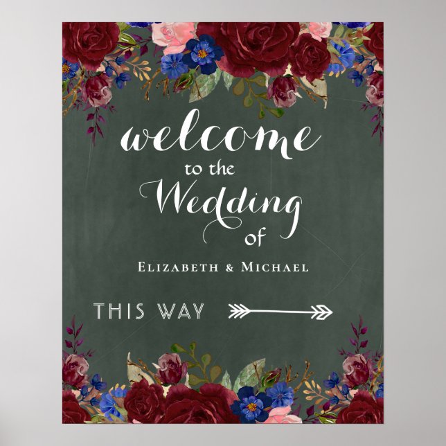 Create Wedding Welcome Sign Burgundy Blue Floral (Front)