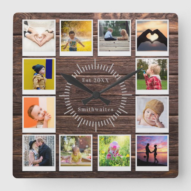 Create You own Photo Collage Rustic Wood Farmhouse Square Wall Clock (Front)