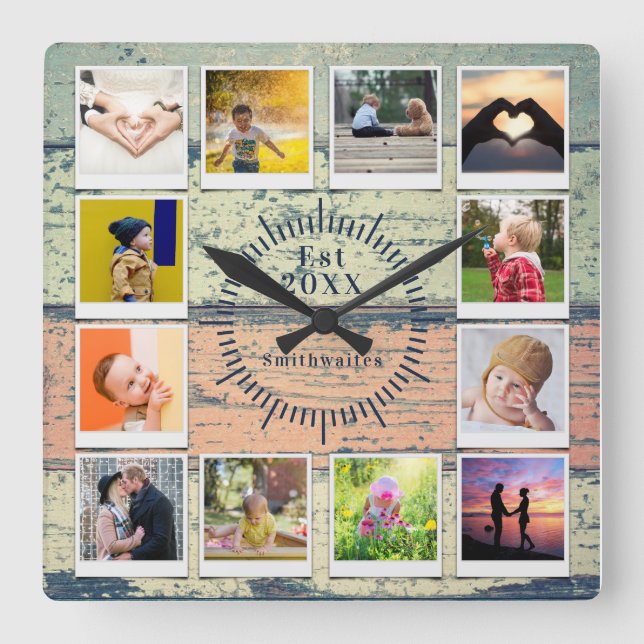 Create You own Photo Collage Rustic Wood Farmhouse Square Wall Clock (Front)