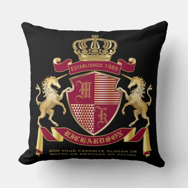 Create Your Coat of Arms Red Gold Unicorn Emblem Cushion (Front)