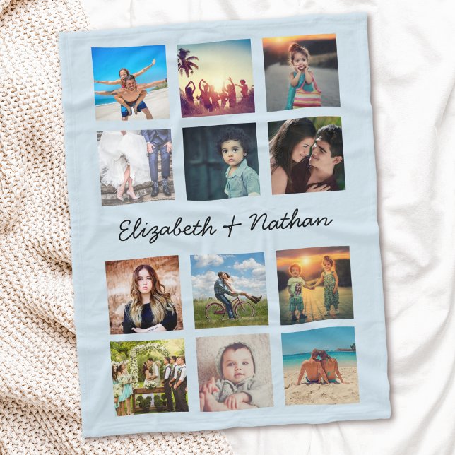 Create Your Custom 12 Family Photo Collage Blue Fleece Blanket (Creator Uploaded)