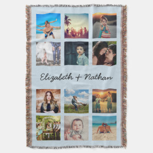 Create Your Custom 12 Family Photo Collage Blue Throw Blanket