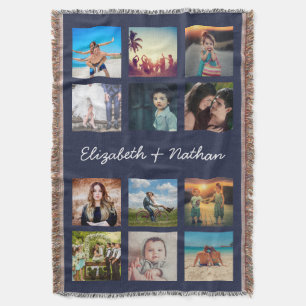 Create Your Custom 12 Photo Collage Family Navy Throw Blanket