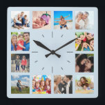Create Your Custom 12 Photo Collage Memories Blue Square Wall Clock<br><div class="desc">Create your own personalised 12 photo photo collage wall clock with your custom images. Add your favourite photos, designs or artworks to create something really unique. To edit this design template, upload your own image as shown above. You can even add more text or images, customise fonts and background colour....</div>