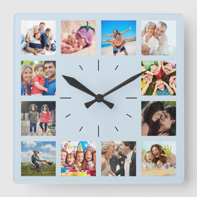 Create Your Custom 12 Photo Collage Memories Blue Square Wall Clock (Front)