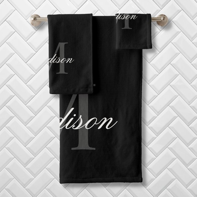 Create Your Custom Name Monogram Calligraphy Black Bath Towel Set (Creator Uploaded)
