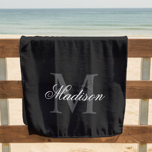 Create Your Custom Name Monogram Calligraphy Black Beach Towel