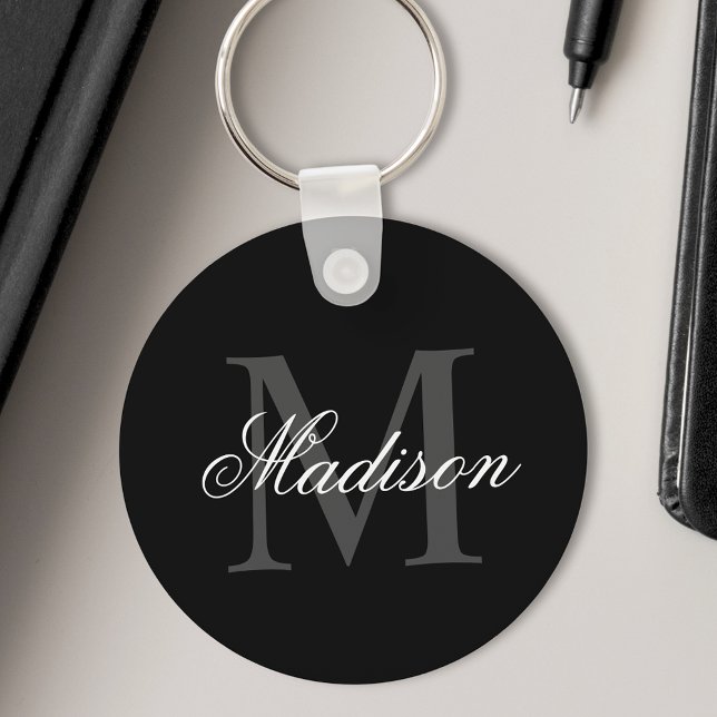 Create Your Custom Name Monogram Calligraphy Black Key Ring (Creator Uploaded)