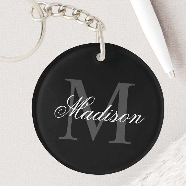 Create Your Custom Name Monogram Calligraphy Black Key Ring (Creator Uploaded)