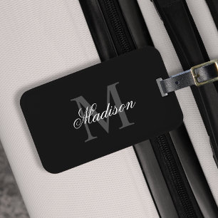 Create Your Custom Name Monogram Calligraphy Black Luggage Tag