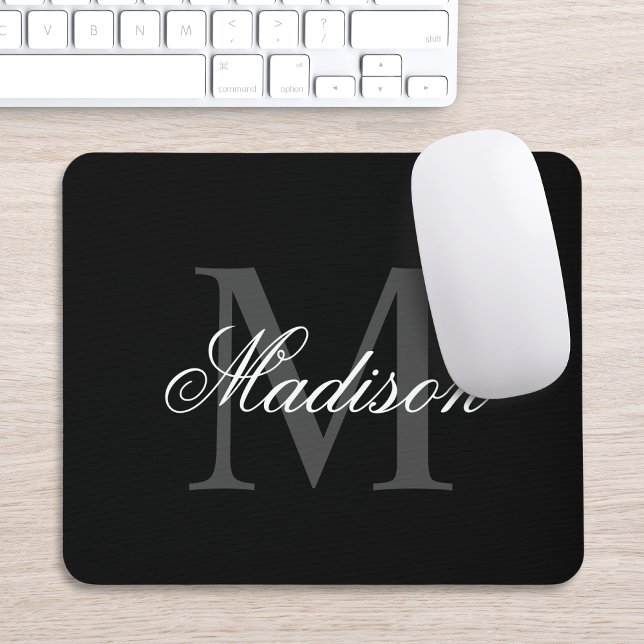 Create Your Custom Name Monogram Calligraphy Black Mouse Mat (Creator Uploaded)