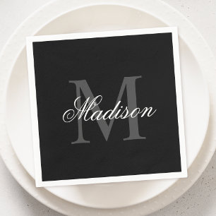 Create Your Custom Name Monogram Calligraphy Black Napkin