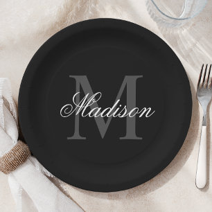 Create Your Custom Name Monogram Calligraphy Black Paper Plate