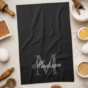 Create Your Custom Name Monogram Calligraphy Black Tea Towel