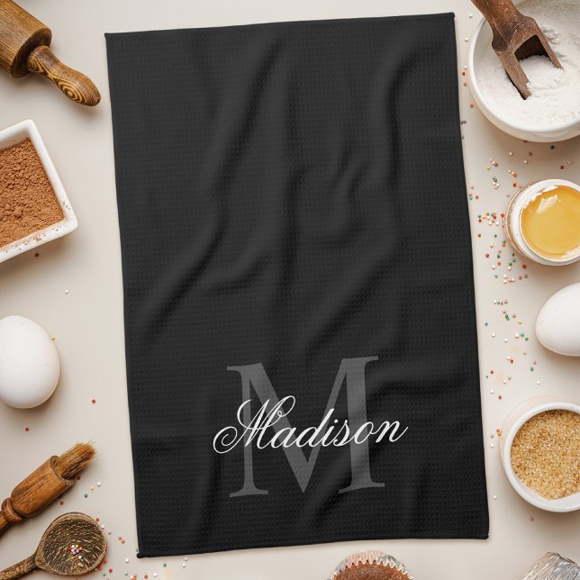 Create Your Custom Name Monogram Calligraphy Black Tea Towel (Creator Uploaded)