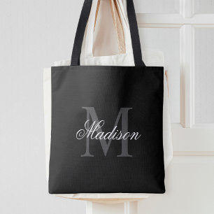 Create Your Custom Name Monogram Calligraphy Black Tote Bag