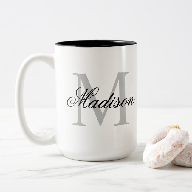 Create Your Custom Name Monogram Calligraphy Black Two-Tone Coffee Mug (With Donut)