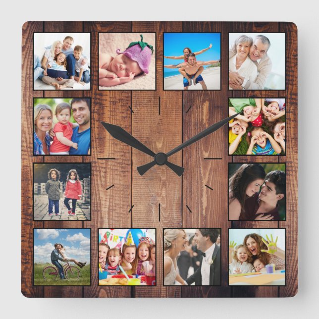 Create Your Custom Photo Collage Rustic Farmhouse Square Wall Clock (Front)
