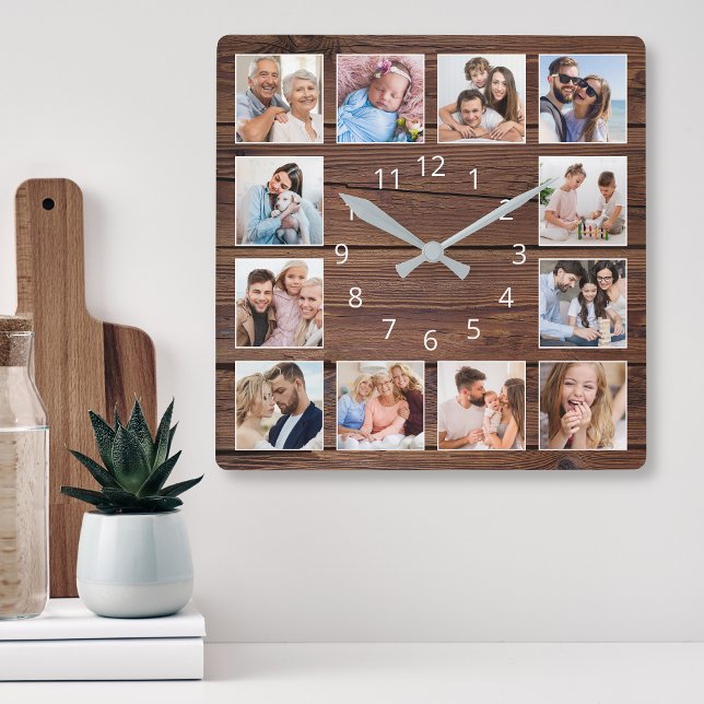 Create Your Custom Photo Collage Rustic Farmhouse Square Wall Clock (Creator Uploaded)