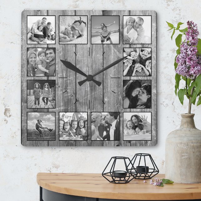 Create Your Custom Photo Collage Rustic Farmhouse Square Wall Clock (Creator Uploaded)