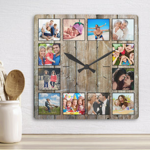 Create Your Custom Photo Collage Rustic Farmhouse Square Wall Clock