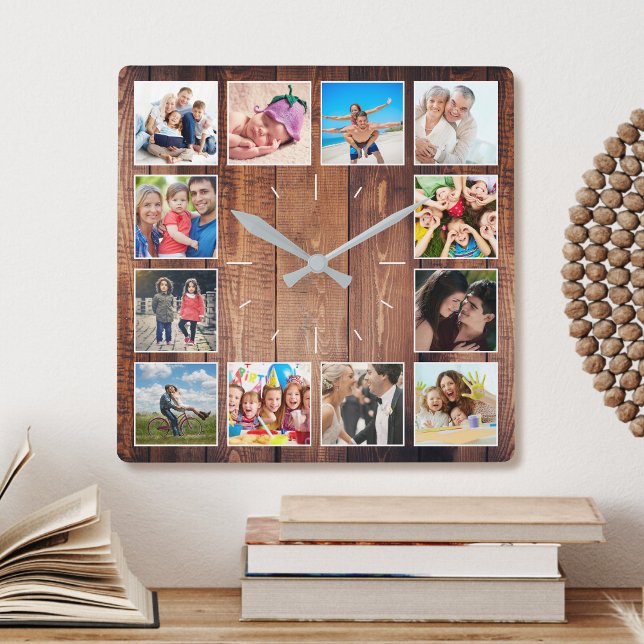 Create Your Custom Photo Collage Rustic Farmhouse Square Wall Clock (Creator Uploaded)