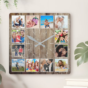Create Your Custom Photo Collage Rustic Farmhouse Square Wall Clock