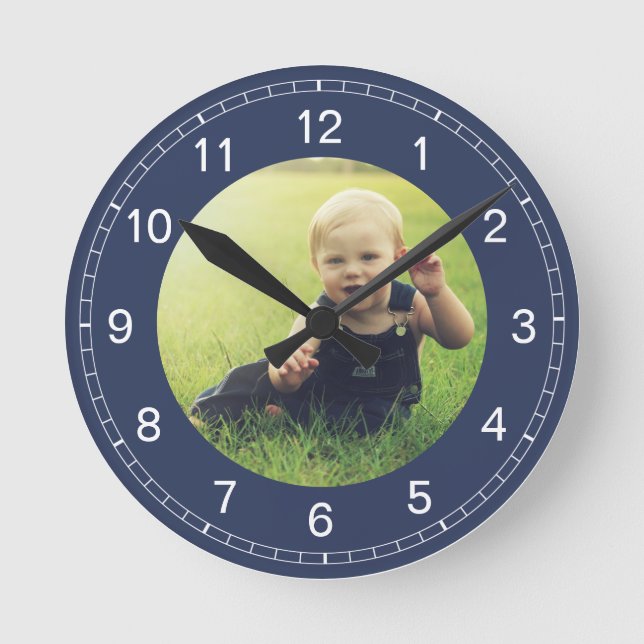 Create Your Custom Photo Keepsake Modern Blue Round Clock (Front)