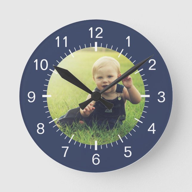 Create Your Custom Photo Modern Minimal Blue Round Clock (Front)
