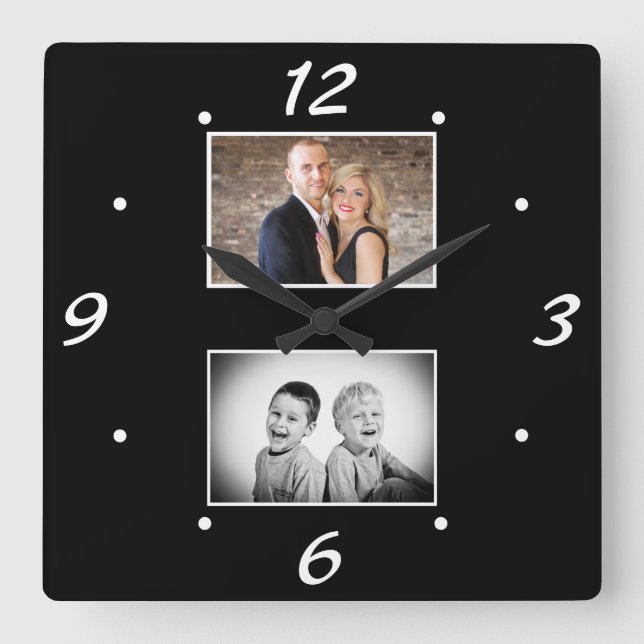 Create your Elegant Black White 2 Photo Collage Square Wall Clock (Front)