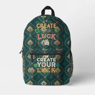 Create Your Luck – Elegant Green & Gold Motivation Printed Backpack