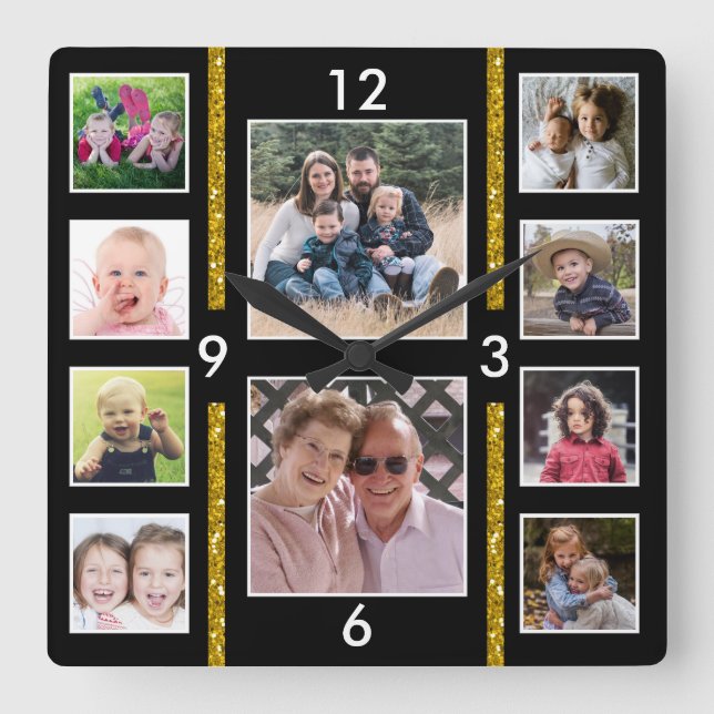Create Your Own 10 Family Photo Collage Black Square Wall Clock (Front)