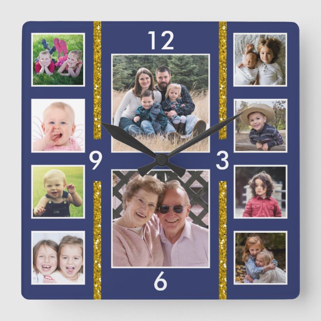 Create Your Own 10 Family Photo Collage Blue Square Wall Clock (Front)