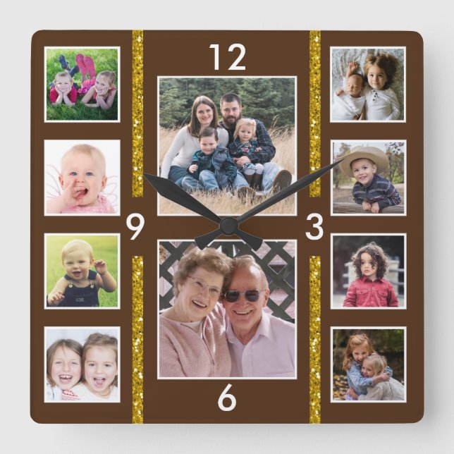 Create Your Own 10 Family Photo Collage Brown Square Wall Clock (Front)
