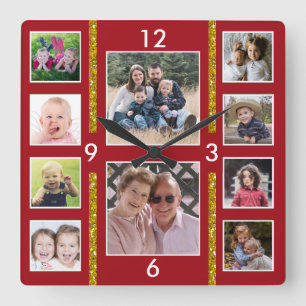 Create Your Own 10 Family Photo Collage Red Square Wall Clock