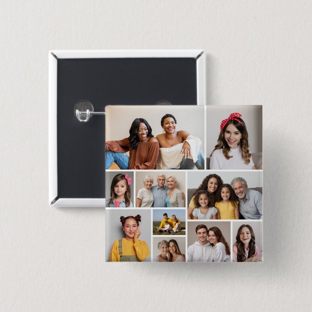 Create Your Own 10 Photo Collage 15 Cm Square Badge (Front & Back)