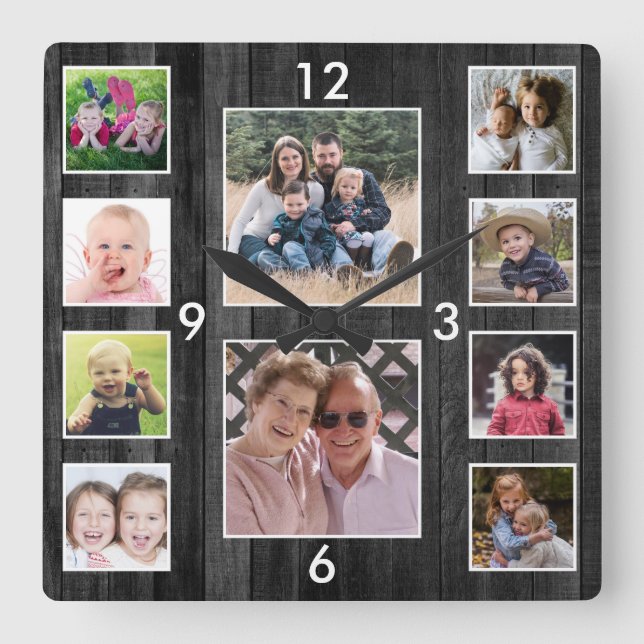 Create Your Own 10 Photo Collage Black Wood Square Wall Clock (Front)