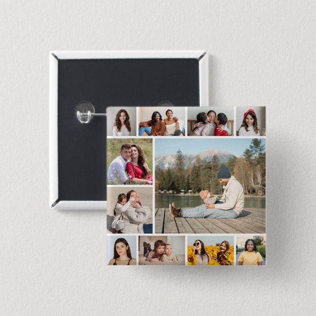 Create Your Own  11 Photo Collage 15 Cm Square Badge (Front & Back)