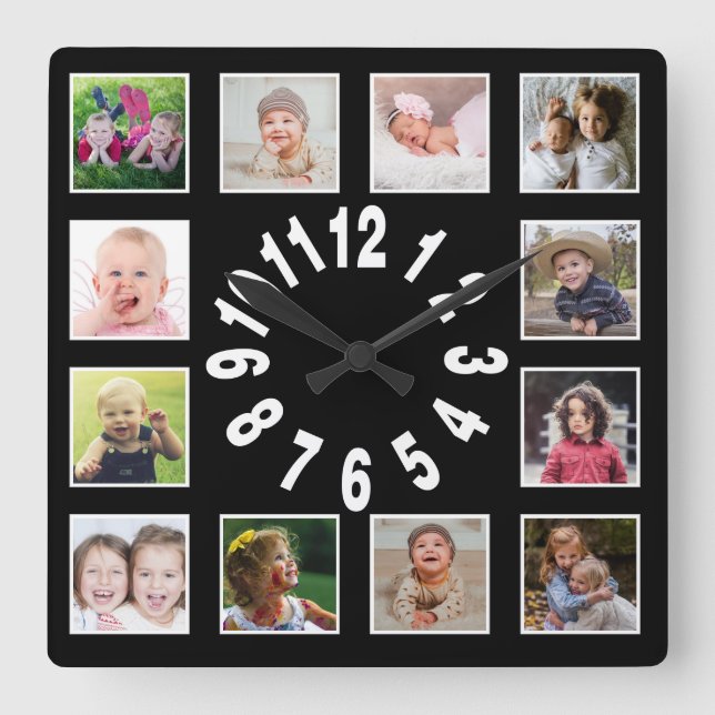 Create Your Own 12 Family Photo Collage Black Square Wall Clock (Front)