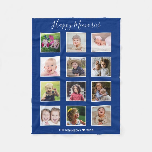 Create Your Own 12 Family Photo Collage Blue Fleece Blanket (Front)