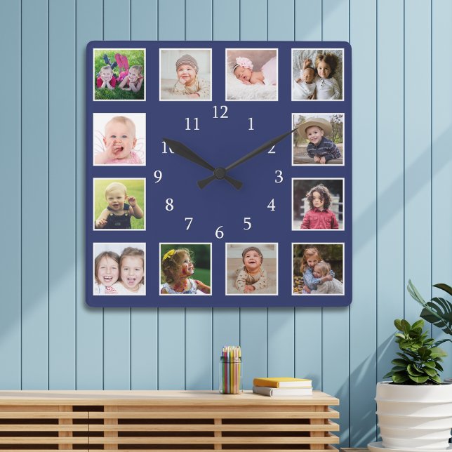 Create Your Own 12 Family Photo Collage Blue Square Wall Clock (Creator Uploaded)