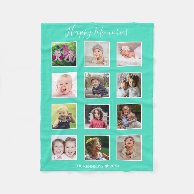 Create Your Own 12 Family Photo Collage Green Fleece Blanket (Front)