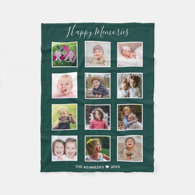 Create Your Own 12 Family Photo Collage Green Fleece Blanket (Front)