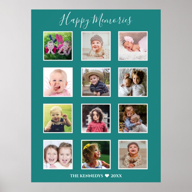 Create Your Own 12 Family Photo Collage Green Poster (Front)