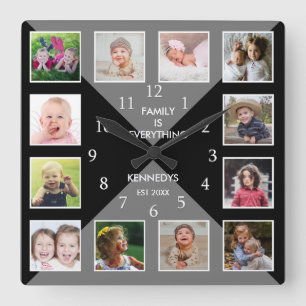 Create Your Own 12 Family Photo Collage Grey Black Square Wall Clock