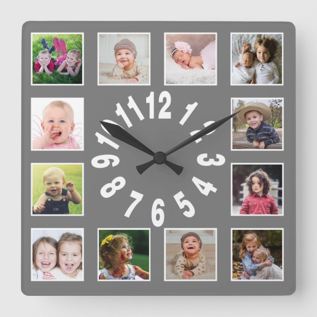 Create Your Own 12 Family Photo Collage Grey Square Wall Clock (Front)