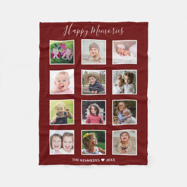Create Your Own 12 Family Photo Collage Maroon Fleece Blanket (Front)