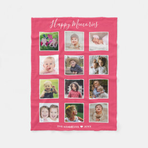 Create Your Own 12 Family Photo Collage Pink Fleece Blanket
